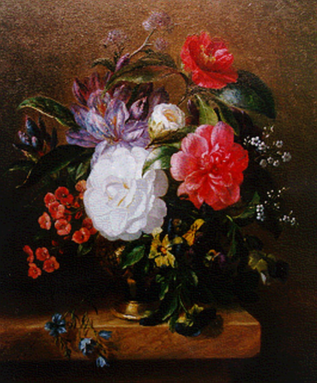 Eeghen J.R. van | Jacoba van Eeghen, Bloemstilleven op marmeren tafel, olieverf op paneel 37,9 x 31,6 cm, gesigneerd linksonder mon en gedateerd 1855