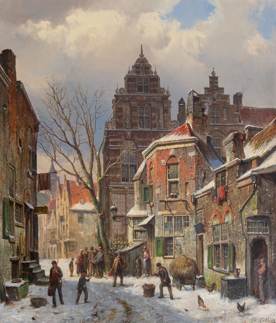 Koekkoek W. | Willem Koekkoek, Bedrijvig straatje in de sneeuw, olieverf op doek 70,0 x 59,8 cm, gesigneerd rechtsonder Koekkoek W. | Willem Koekkoek, Bedrijvig straatje in de sneeuw, olieverf op doek 70,0 x 59,8 cm, gesigneerd rechtsonder