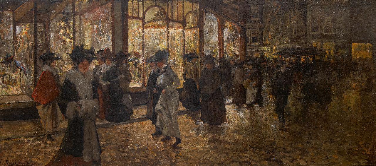 Helfferich F.W.  | Franciscus Willem 'Frans' Helfferich | Schilderijen te koop aangeboden | Avondwinkelen in Den Haag, olieverf op doek 70,6 x 156,4 cm, gesigneerd linksonder