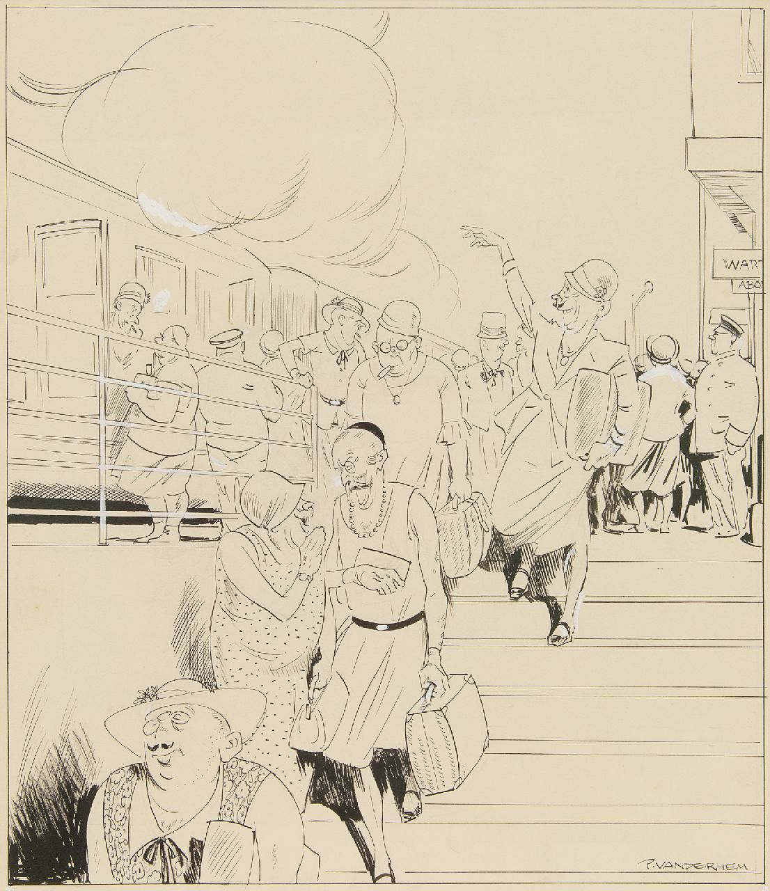 Hem P. van der | Pieter 'Piet' van der Hem, Zomerdrukte op het station, inkt en aquarel op papier 49,8 x 35,0 cm, gesigneerd rechtsonder