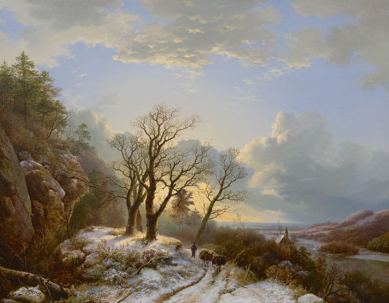 Koekkoek B.C. | Barend Cornelis Koekkoek, Winterse riviervallei met reiziger en vee, olieverf op doek 82,5 x 105,0 cm, gesigneerd linksonder en gedateerd 1834 verkocht Koekkoek B.C. | Barend Cornelis Koekkoek, Winterse riviervallei met reiziger en vee, olieverf op doek 82,5 x 105,0 cm, gesigneerd linksonder en gedateerd 1834 verkocht