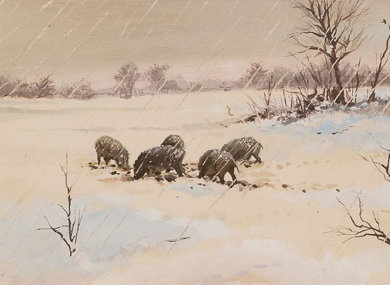 Poortvliet R. | Rien Poortvliet | Aquarellen en tekeningen te koop aangeboden | Wilde zwijnen in de sneeuw, Hoge Veluwe, gouache op papier 12,6 x 17,3 cm Poortvliet R. | Rien Poortvliet | Aquarellen en tekeningen te koop aangeboden | Wilde zwijnen in de sneeuw, Hoge Veluwe, gouache op papier 12,6 x 17,3 cm