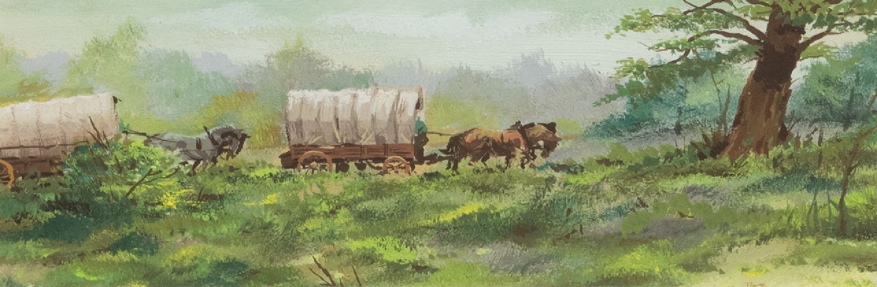 Poortvliet R.  | Rien Poortvliet | Aquarellen en tekeningen te koop aangeboden | Hessenwagens in een Gelders landschap, aquarel op papier 6,3 x 17,5 cm