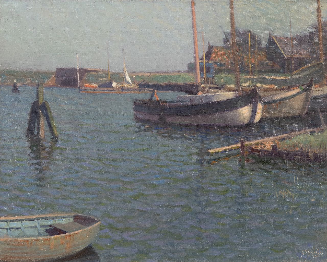 Schotel A.P.  | Anthonie Pieter Schotel | Schilderijen te koop aangeboden | Scheepswerf in Muiden, olieverf op doek 40,3 x 50,3 cm, gesigneerd rechtsonder