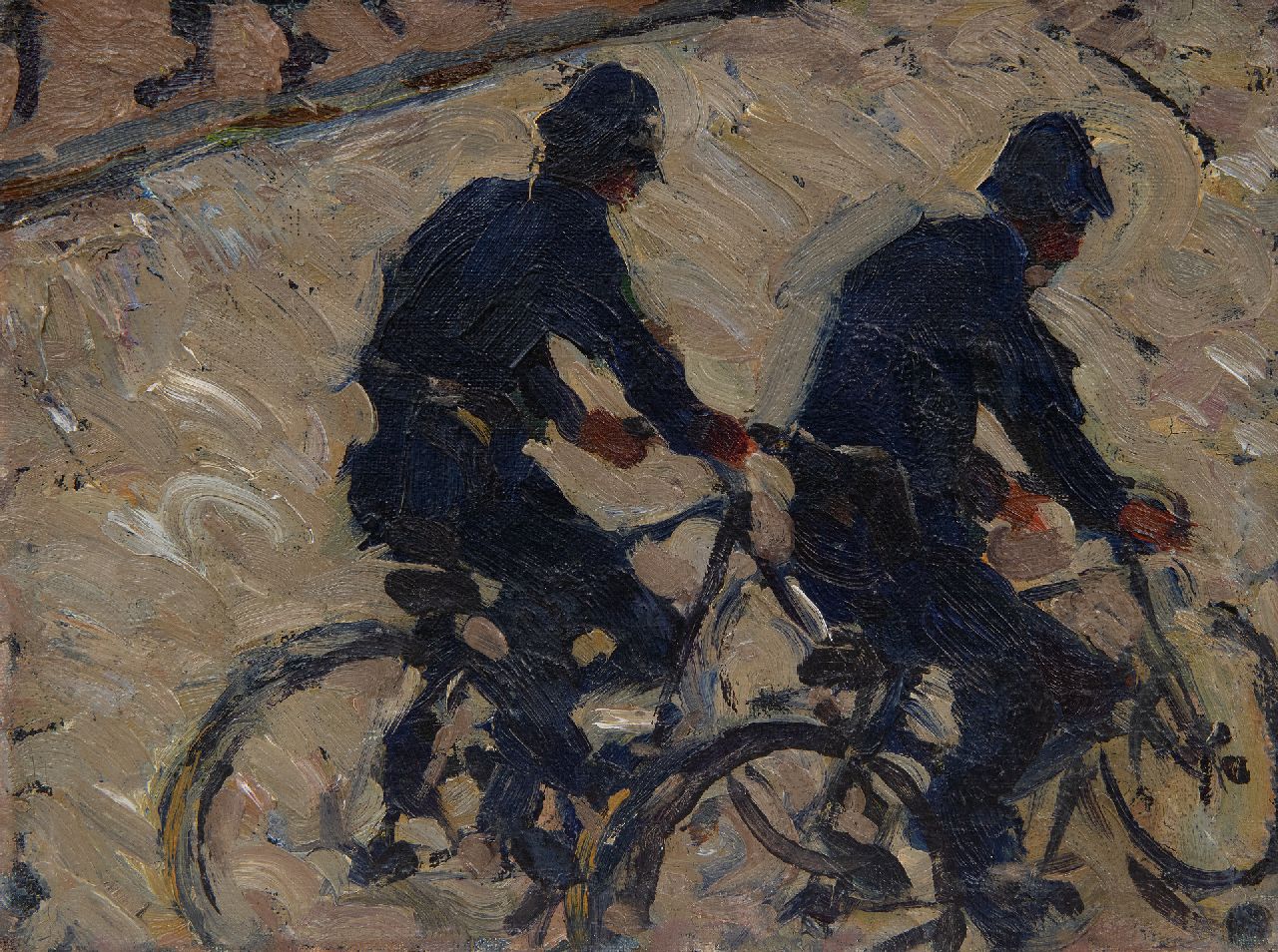 Dijkstra J. | Johannes 'Johan' Dijkstra | Schilderijen te koop aangeboden | Twee fietsende veldwachters, olieverf op doek op paneel 21,4 x 28,0 cm, te dateren ca. 1930 Dijkstra J. | Johannes 'Johan' Dijkstra | Schilderijen te koop aangeboden | Twee fietsende veldwachters, olieverf op doek op paneel 21,4 x 28,0 cm, te dateren ca. 1930