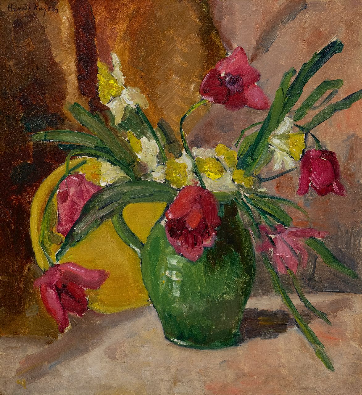 Kuijten H.J.  | Henricus Johannes 'Harrie' Kuijten, Bloemstilleven, olieverf op schildersboard 49,8 x 44,8 cm, gesigneerd linksboven