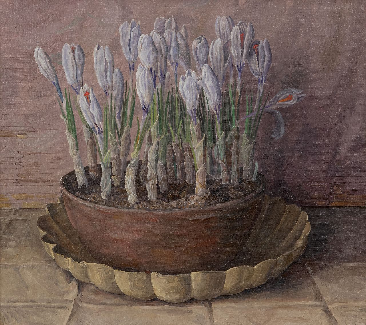 Nieweg J. | Jakob Nieweg | Schilderijen te koop aangeboden | Pot met krokussen, olieverf op doek 40,2 x 45,3 cm, gesigneerd rechts van het midden met monogram en gedateerd 1948 Nieweg J. | Jakob Nieweg | Schilderijen te koop aangeboden | Pot met krokussen, olieverf op doek 40,2 x 45,3 cm, gesigneerd rechts van het midden met monogram en gedateerd 1948