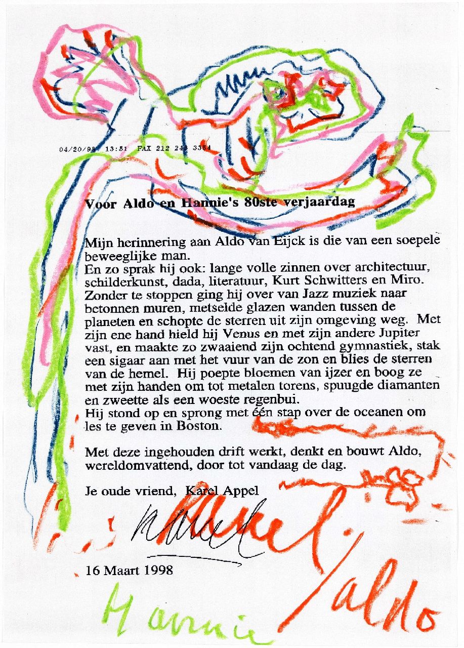 Appel C.K. | Christiaan 'Karel' Appel | Aquarellen en tekeningen te koop aangeboden | Voor Aldo en Hannie's 80ste verjaardag (geïllustreerde brief van de kunstenaar aan het echtpaar, 1998), waskrijt op papier 41,9 x 29,7 cm, gesigneerd middenonder gesigneerd en met opdracht 'aldo Hannie' en 16 maart 1998 Appel C.K. | Christiaan 'Karel' Appel | Aquarellen en tekeningen te koop aangeboden | Voor Aldo en Hannie's 80ste verjaardag (geïllustreerde brief van de kunstenaar aan het echtpaar, 1998), waskrijt op papier 41,9 x 29,7 cm, gesigneerd middenonder gesigneerd en met opdracht 'aldo Hannie' en 16 maart 1998