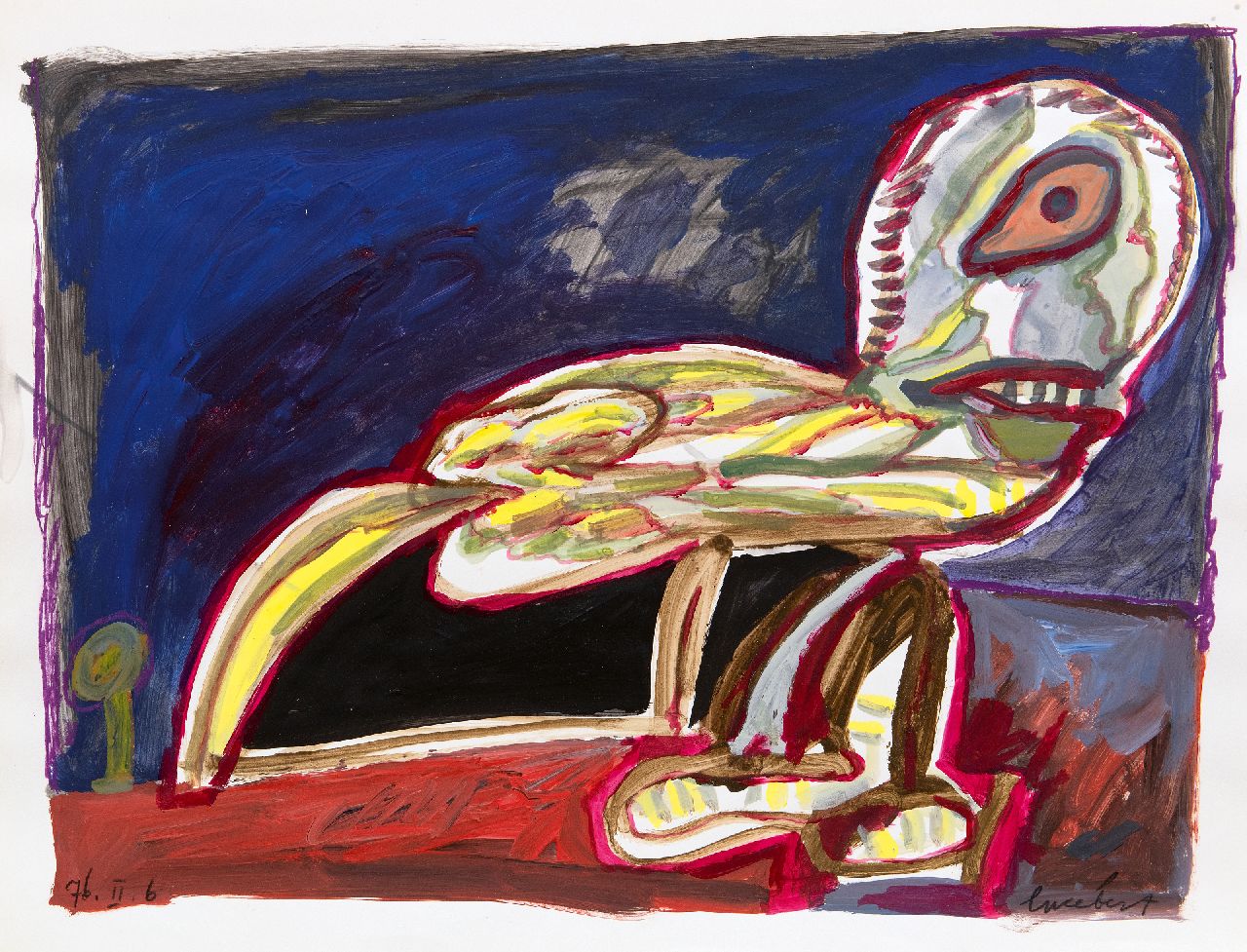 Lucebert (Lubertus Jacobus Swaanswijk)   | Lucebert (Lubertus Jacobus Swaanswijk) | Aquarellen en tekeningen te koop aangeboden | Zonder titel (vogelfiguur), gouache op papier 50,0 x 64,5 cm, gesigneerd rechtsonder en gedateerd  76.II.6