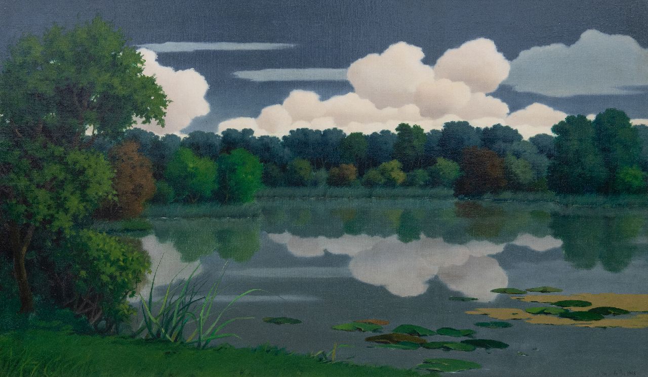Ven W. van der | Willem van der Ven | Schilderijen te koop aangeboden | Bosmeer met weerspiegeling van wolken, bij Vriezenveen, olieverf op doek 60,0 x 99,6 cm, gesigneerd rechtsonder en gedateerd 1948 Ven W. van der | Willem van der Ven | Schilderijen te koop aangeboden | Bosmeer met weerspiegeling van wolken, bij Vriezenveen, olieverf op doek 60,0 x 99,6 cm, gesigneerd rechtsonder en gedateerd 1948