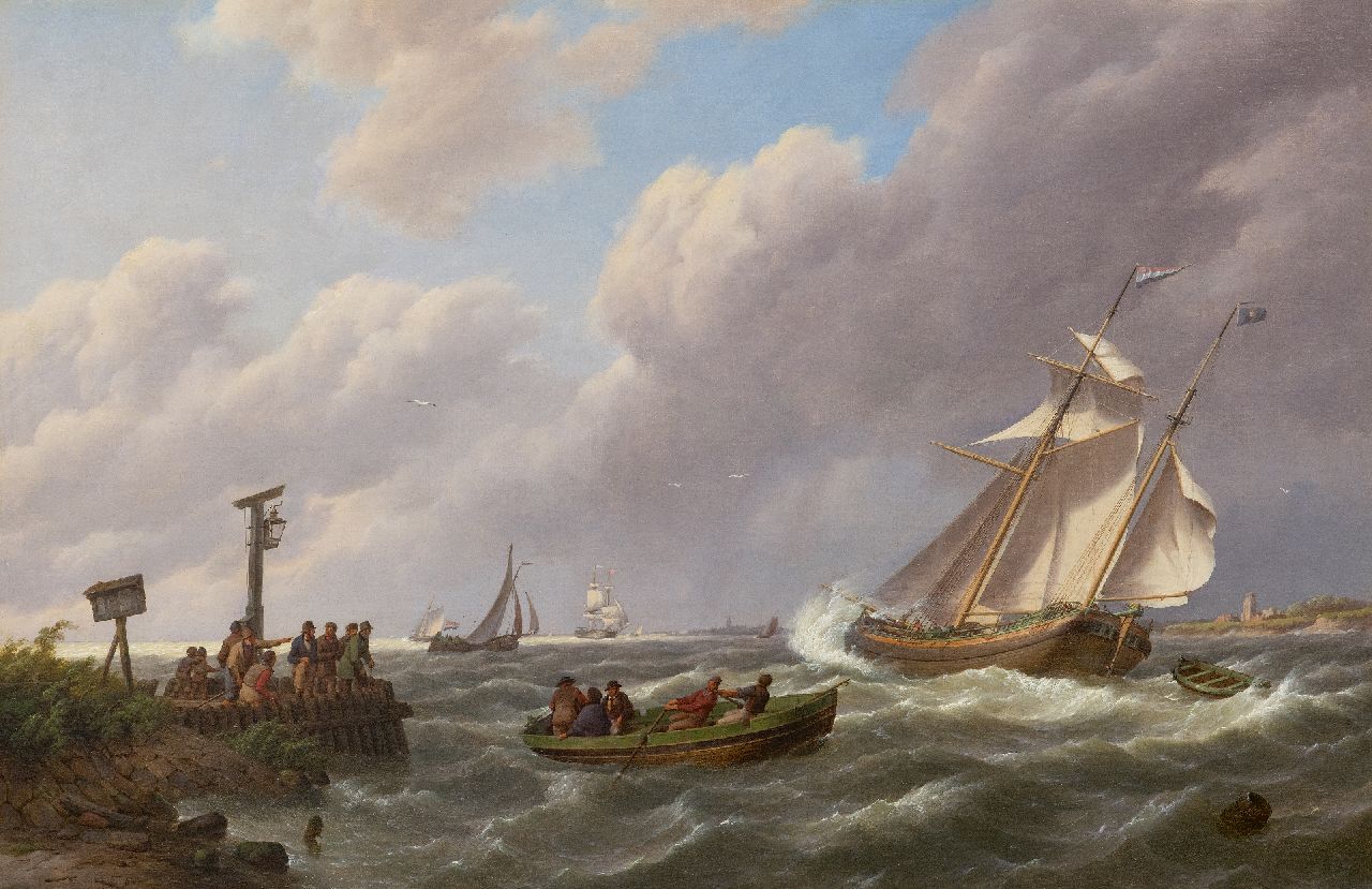 Koekkoek J.H. | Johannes Hermanus Koekkoek | Schilderijen te koop aangeboden | Laverende schepen bij een havenhoofd in zwaar weer, olieverf op doek 52,7 x 80,5 cm, gesigneerd linksonder en gedateerd 1847 Koekkoek J.H. | Johannes Hermanus Koekkoek | Schilderijen te koop aangeboden | Laverende schepen bij een havenhoofd in zwaar weer, olieverf op doek 52,7 x 80,5 cm, gesigneerd linksonder en gedateerd 1847