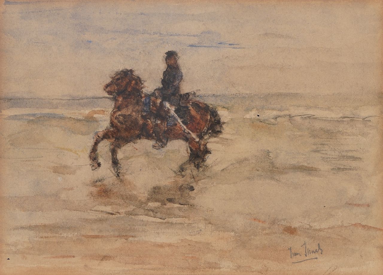 Israels I.L. | 'Isaac' Lazarus Israels, Cavalerist in de branding (Huzaar uit de rijschool van Bouree), aquarel op papier 11,8 x 16,5 cm, gesigneerd rechtsonder en ca.1880 Israels I.L. | 'Isaac' Lazarus Israels, Cavalerist in de branding (Huzaar uit de rijschool van Bouree), aquarel op papier 11,8 x 16,5 cm, gesigneerd rechtsonder en ca.1880