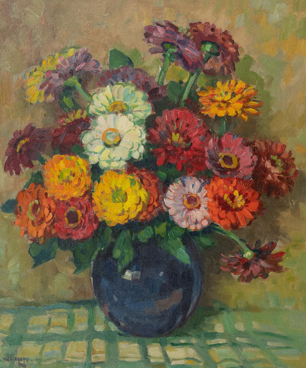 Viegers B.P. | Bernardus Petrus 'Ben' Viegers | Schilderijen te koop aangeboden | Zinnia's in een blauwe vaas, olieverf op doek 60,3 x 50,4 cm, gesigneerd linksonder Viegers B.P. | Bernardus Petrus 'Ben' Viegers | Schilderijen te koop aangeboden | Zinnia's in een blauwe vaas, olieverf op doek 60,3 x 50,4 cm, gesigneerd linksonder