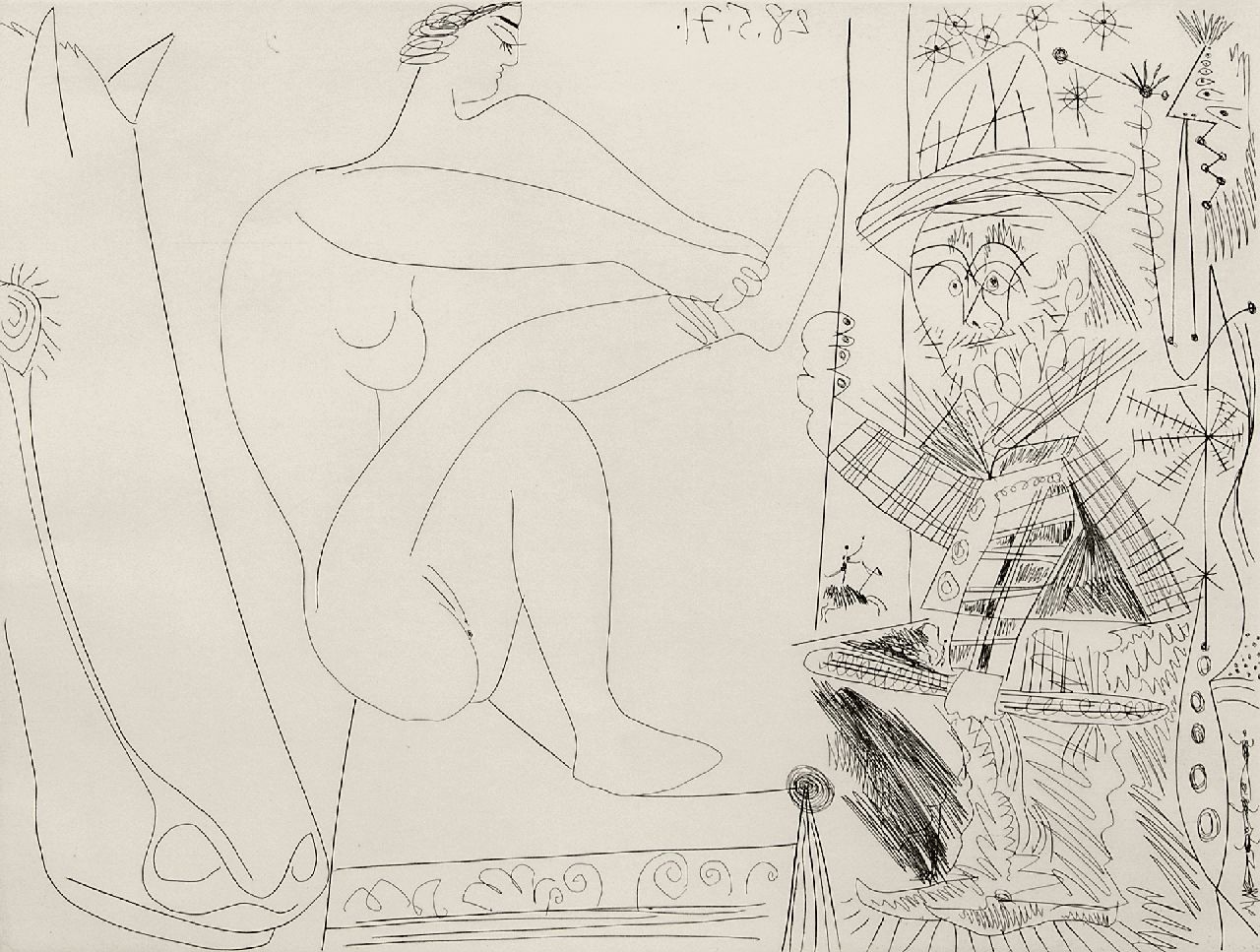 Picasso | Au cirque. Écuyère se chaussant dans les coulisses et clown au trapèze, ets op papier, 31,4 x 41,2 cm, gesigneerd r.o. met naamstempel en gedateerd 28.5.71 (in de plaat)