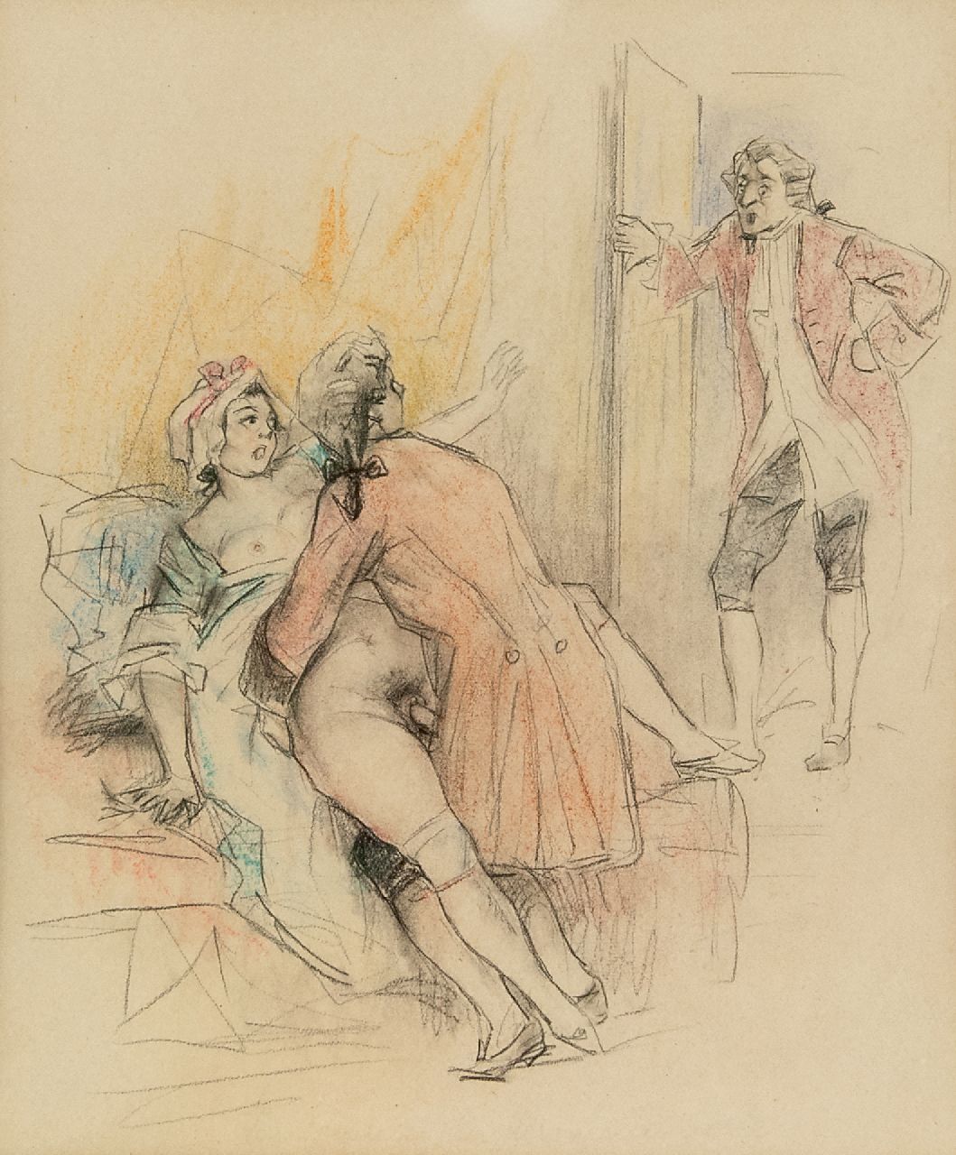 Poulton T.L.  | Thomas Leycester 'Tom' Poulton, Vous auriez pu fermer la porte. Si on était rentré! / U had de deur kunnen sluiten. Stel je voor dat hij was teruggekomen!, kleurpotlood op papier 21,5 x 18,0 cm