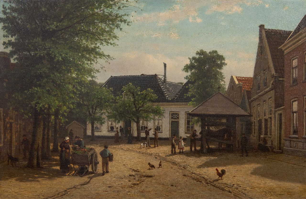 Greive J.C. | Johan Conrad 'Coen' Greive | Schilderijen te koop aangeboden | Zonnige dorpsstraat met hoefsmid en groentenverkoper, olieverf op doek 38,4 x 58,6 cm, gesigneerd rechtsonder Greive J.C. | Johan Conrad 'Coen' Greive | Schilderijen te koop aangeboden | Zonnige dorpsstraat met hoefsmid en groentenverkoper, olieverf op doek 38,4 x 58,6 cm, gesigneerd rechtsonder