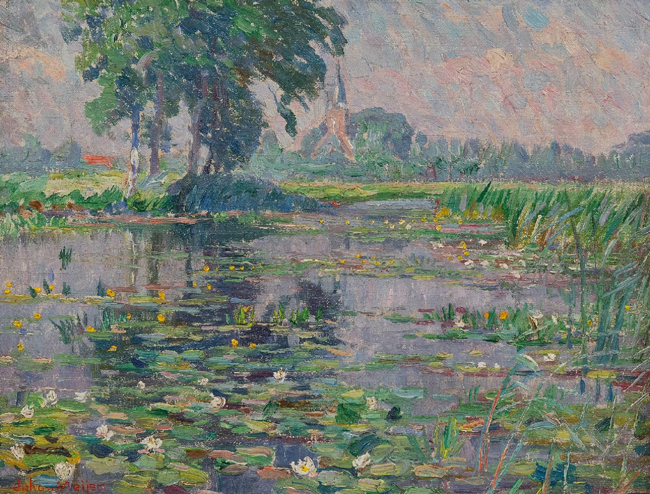 Meijer J.  | Johannes 'Johan' Meijer, Waterplas met bloeiende waterlelies bij Kortenhoef, olieverf op doek 22,7 x 29,5 cm, gesigneerd linksonder en op spieraam