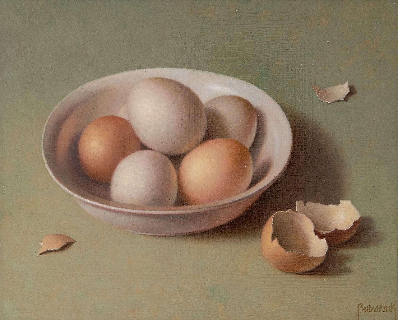 Bubarnik A.G.  | Andreas Gyula Bubarnik | Schilderijen te koop aangeboden | Stilleven met eieren in een kom, olieverf op paneel 24,1 x 30,1 cm, gesigneerd rechtsonder
