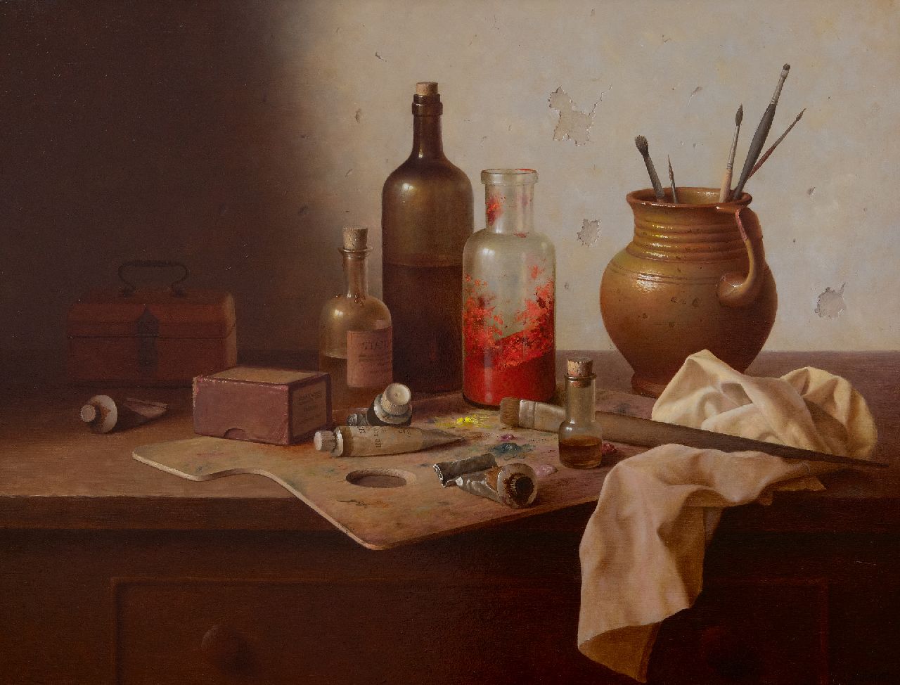 Bubarnik A.G.  | Andreas Gyula Bubarnik | Schilderijen te koop aangeboden | Stilleven van schildersattributen op werkbank, olieverf op paneel 50,0 x 65,0 cm, gesigneerd rechtsonder