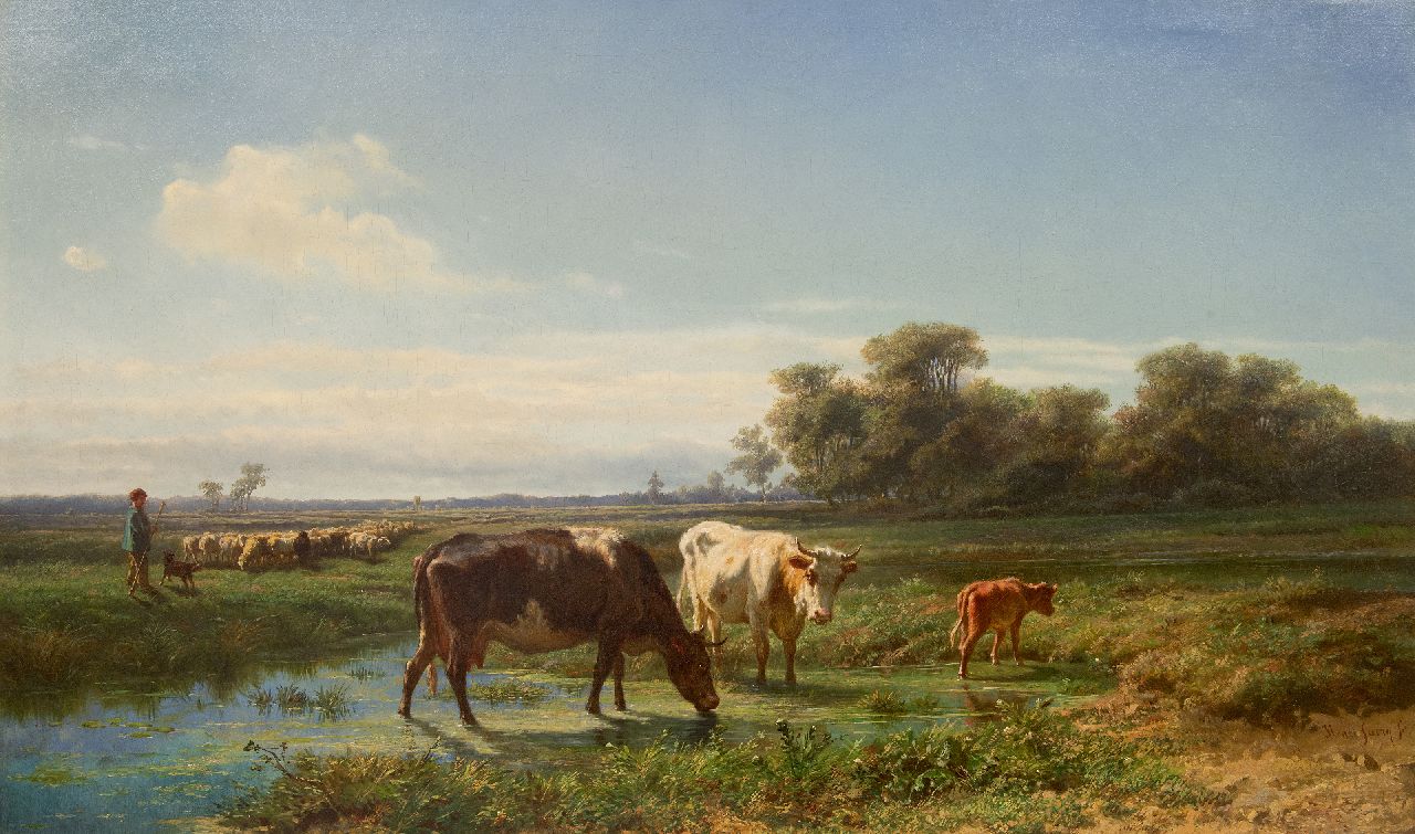 Savrij H.  | Hendrik Savrij | Schilderijen te koop aangeboden | Weidelandschap met drinkend vee en schaapskudde, olieverf op doek 76,6 x 128,8 cm, gesigneerd rechtsonder