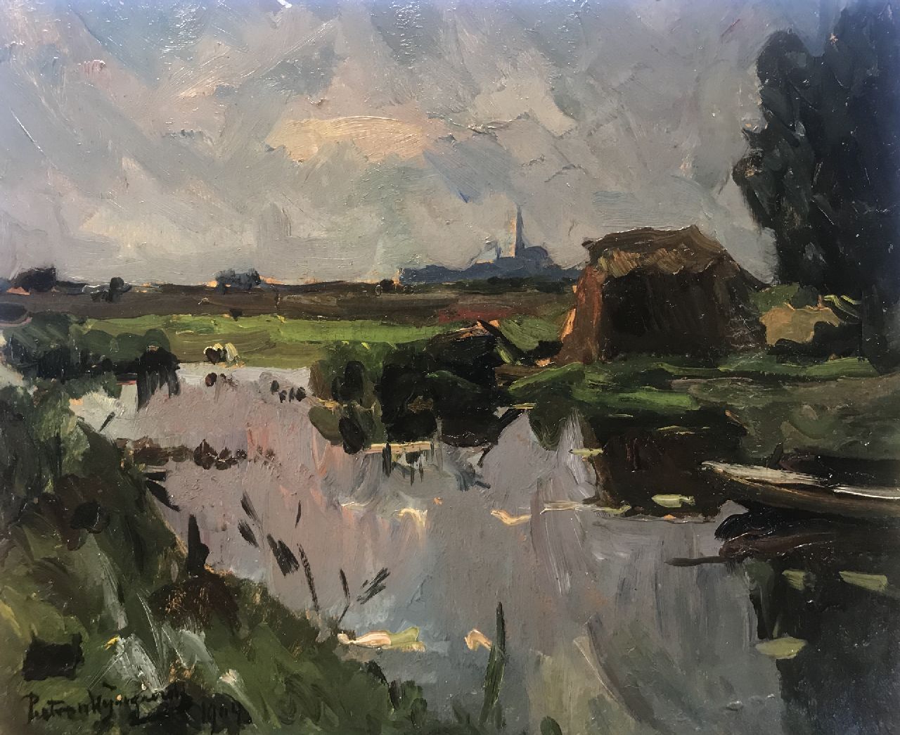 Wijngaerdt P.T. van | Petrus Theodorus 'Piet' van Wijngaerdt | Schilderijen te koop aangeboden | Polderlandschap, olieverf op board 37,7 x 46,8 cm, gesigneerd linksonder en gedateerd 1904