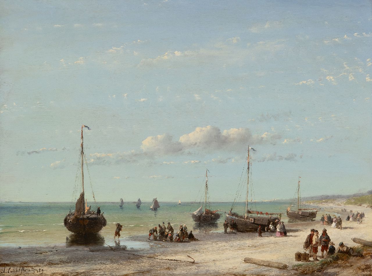 Schelfhout A. | Andreas Schelfhout, Strandgezicht met schepen, vissers en elegante wandelaars, olieverf op paneel 32,1 x 43,0 cm, gesigneerd linksonder en gedateerd '59 Schelfhout A. | Andreas Schelfhout, Strandgezicht met schepen, vissers en elegante wandelaars, olieverf op paneel 32,1 x 43,0 cm, gesigneerd linksonder en gedateerd '59