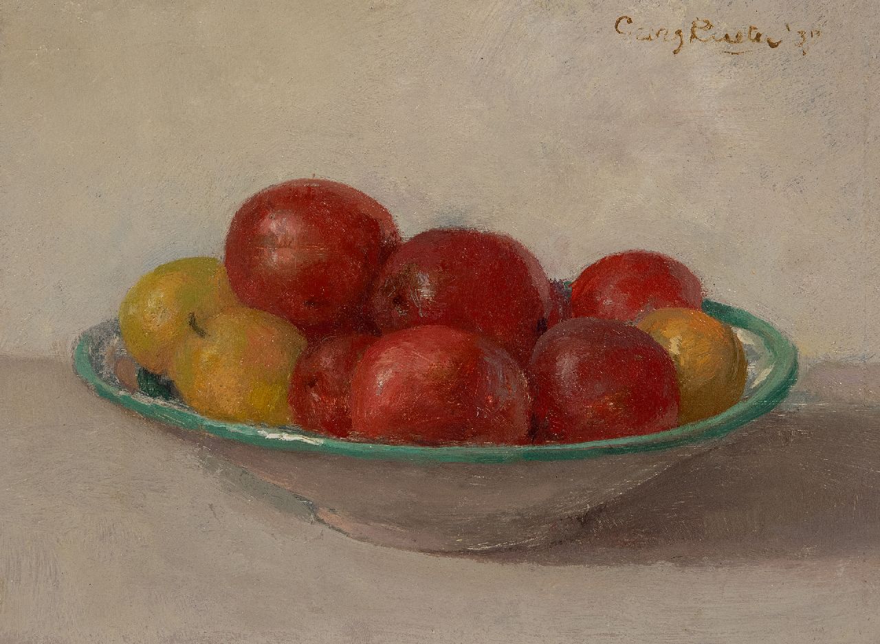Rueter W.C.G. | Wilhelm Christian 'Georg' Rueter | Schilderijen te koop aangeboden | Stilleven van fruit op een schaaltje, olieverf op paneel 17,6 x 23,3 cm, gesigneerd rechtsboven en gedateerd '37 Rueter W.C.G. | Wilhelm Christian 'Georg' Rueter | Schilderijen te koop aangeboden | Stilleven van fruit op een schaaltje, olieverf op paneel 17,6 x 23,3 cm, gesigneerd rechtsboven en gedateerd '37