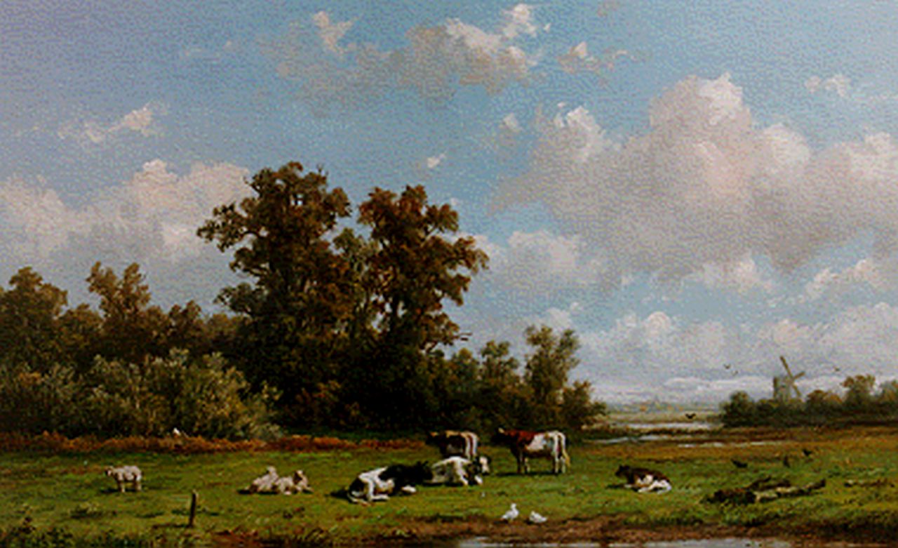 Wijngaerdt A.J. van | Anthonie Jacobus van Wijngaerdt, Vee en eenden in een zonnige weide, olieverf op paneel 23,6 x 36,0 cm, gesigneerd rechtsonder Wijngaerdt A.J. van | Anthonie Jacobus van Wijngaerdt, Vee en eenden in een zonnige weide, olieverf op paneel 23,6 x 36,0 cm, gesigneerd rechtsonder