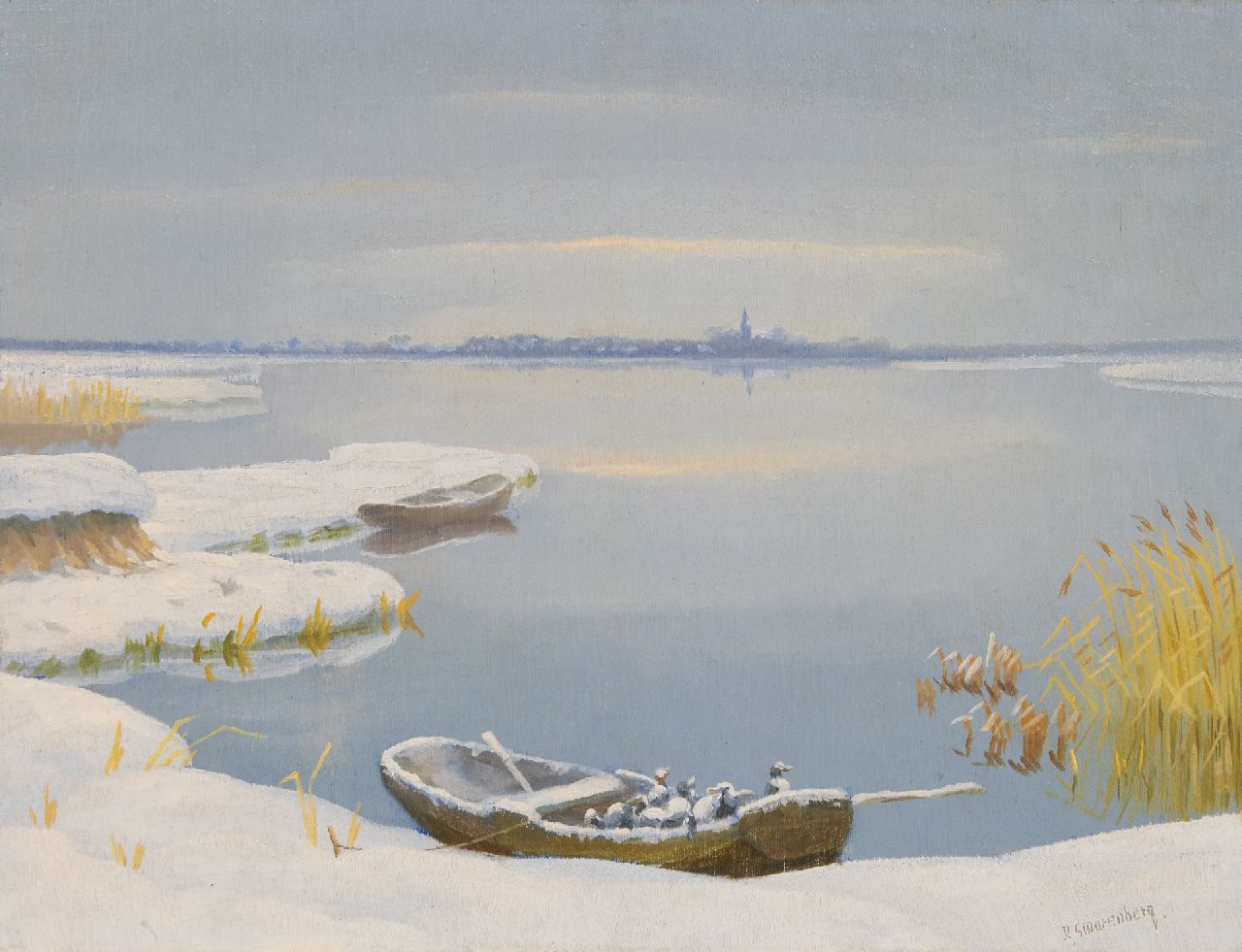 Smorenberg D. | Dirk Smorenberg | Schilderijen te koop aangeboden | Winters gezicht bij Loosdrecht met eendenfamilie in de schuit, olieverf op board 30,3 x 39,5 cm, gesigneerd rechtsonder Smorenberg D. | Dirk Smorenberg | Schilderijen te koop aangeboden | Winters gezicht bij Loosdrecht met eendenfamilie in de schuit, olieverf op board 30,3 x 39,5 cm, gesigneerd rechtsonder