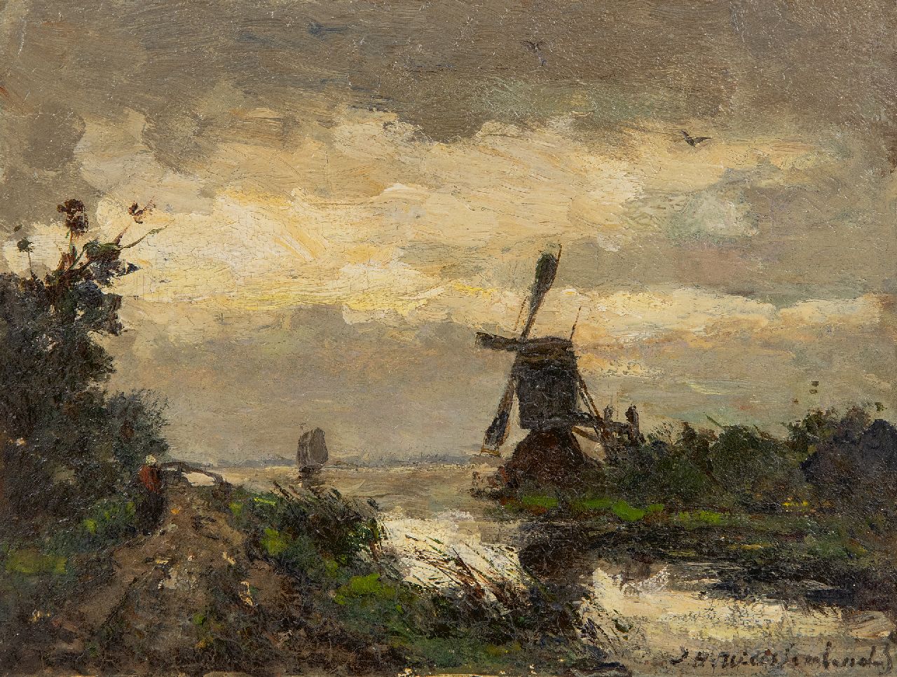 Weissenbruch H.J.  | Hendrik Johannes 'J.H.' Weissenbruch | Schilderijen te koop aangeboden | Molen bij buiig weer, olieverf op paneel 18,5 x 24,5 cm, gesigneerd rechtsonder