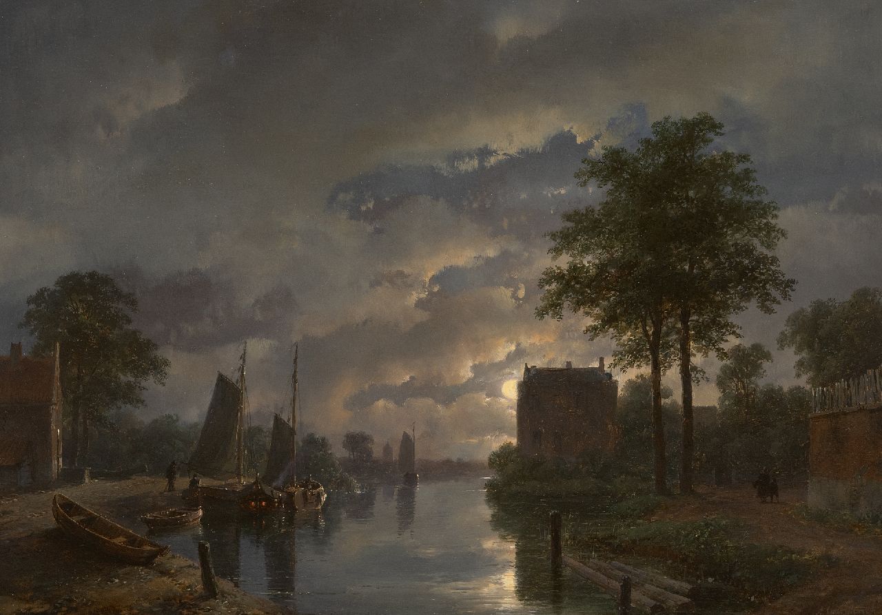 Schelfhout A. | Andreas Schelfhout, Riviergezicht bij maanlicht, olieverf op paneel 32,5 x 45,9 cm, gesigneerd rechtsonder en gedateerd '57 Schelfhout A. | Andreas Schelfhout, Riviergezicht bij maanlicht, olieverf op paneel 32,5 x 45,9 cm, gesigneerd rechtsonder en gedateerd '57