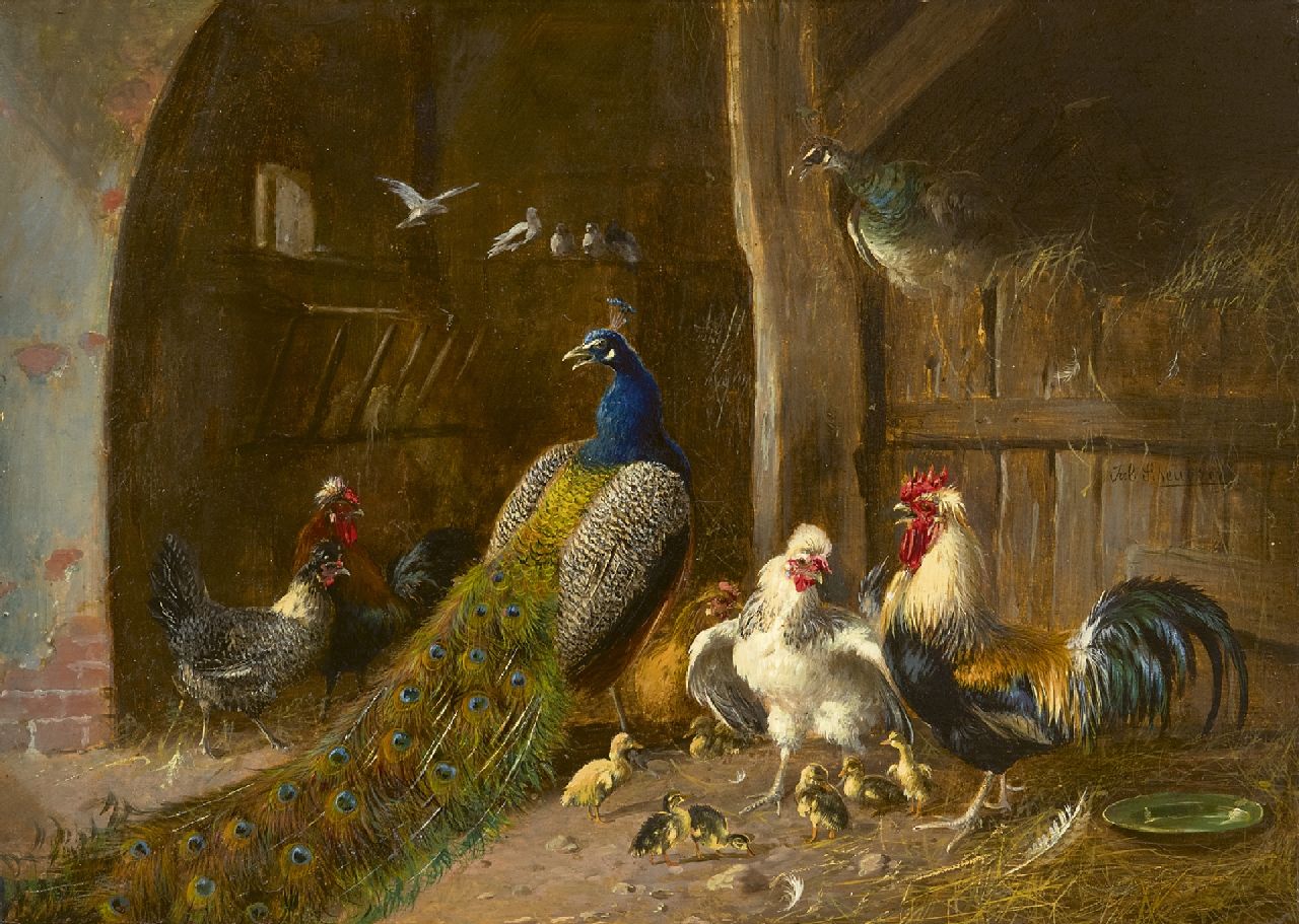Julius Scheuerer | Pauwenpaar met haan en kippen in de schuur, olieverf op paneel, 22,2 x 31,1 cm, gesigneerd r.m. Julius Scheuerer | Pauwenpaar met haan en kippen in de schuur, olieverf op paneel, 22,2 x 31,1 cm, gesigneerd r.m.