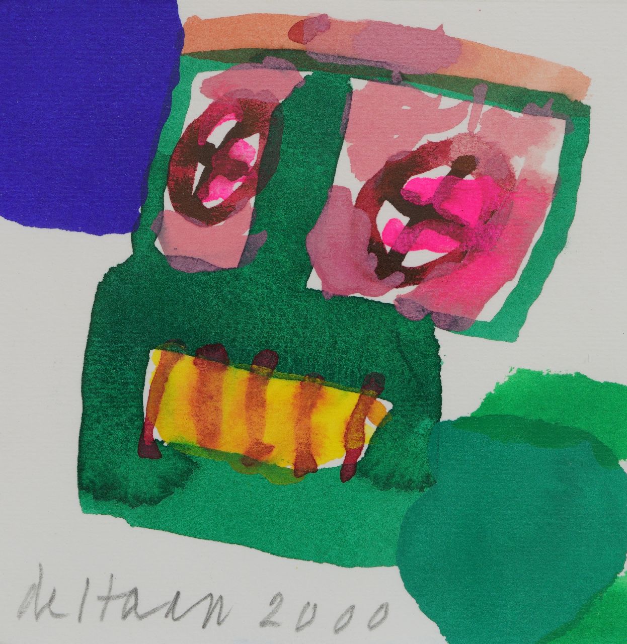 Haan J. de | Jurjen de Haan | Aquarellen en tekeningen te koop aangeboden | Compositie met kop, gouache op papier 12,2 x 12,0 cm, gesigneerd linksonder en gedateerd 2000 Haan J. de | Jurjen de Haan | Aquarellen en tekeningen te koop aangeboden | Compositie met kop, gouache op papier 12,2 x 12,0 cm, gesigneerd linksonder en gedateerd 2000