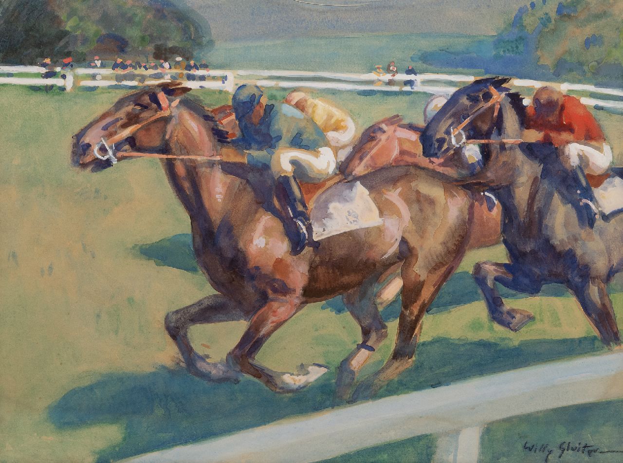 Sluiter J.W. | Jan Willem 'Willy' Sluiter | Aquarellen en tekeningen te koop aangeboden | De paardenrace, aquarel en gouache op papier 48,4 x 64,7 cm, gesigneerd rechtsonder Sluiter J.W. | Jan Willem 'Willy' Sluiter | Aquarellen en tekeningen te koop aangeboden | De paardenrace, aquarel en gouache op papier 48,4 x 64,7 cm, gesigneerd rechtsonder