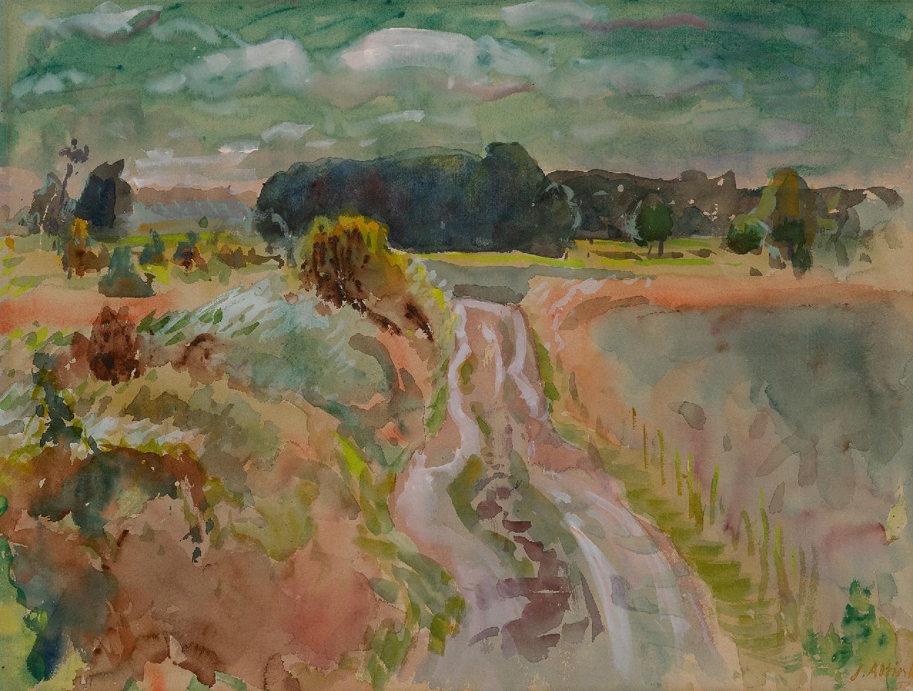 Altink J. | Jan Altink | Aquarellen en tekeningen te koop aangeboden | Landweg, Groningen, gouache op papier 50,5 x 65,7 cm, gesigneerd rechtsonder en gedateerd '51 Altink J. | Jan Altink | Aquarellen en tekeningen te koop aangeboden | Landweg, Groningen, gouache op papier 50,5 x 65,7 cm, gesigneerd rechtsonder en gedateerd '51