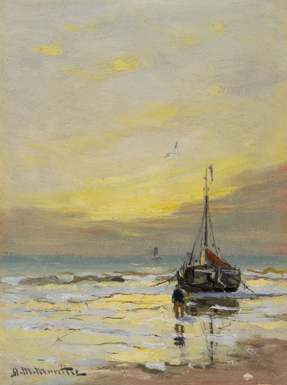 Munthe G.A.L. | Gerhard Arij Ludwig 'Morgenstjerne' Munthe | Schilderijen te koop aangeboden | Bomschuit met visser bij zonsondergang, olieverf op schildersboard 20,0 x 14,8 cm, gesigneerd linksonder Munthe G.A.L. | Gerhard Arij Ludwig 'Morgenstjerne' Munthe | Schilderijen te koop aangeboden | Bomschuit met visser bij zonsondergang, olieverf op schildersboard 20,0 x 14,8 cm, gesigneerd linksonder