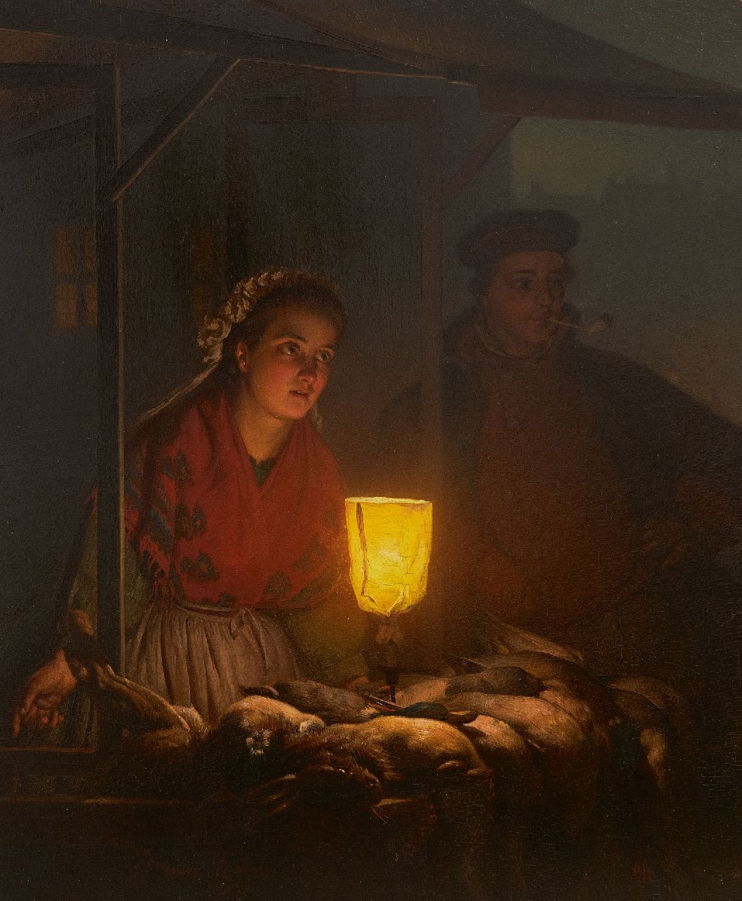 Schendel P. van | Petrus van Schendel | Schilderijen te koop aangeboden | Visverkoopster bij kaarslicht, olieverf op paneel 30,5 x 25,2 cm, gesigneerd linksonder en gedateerd 1865