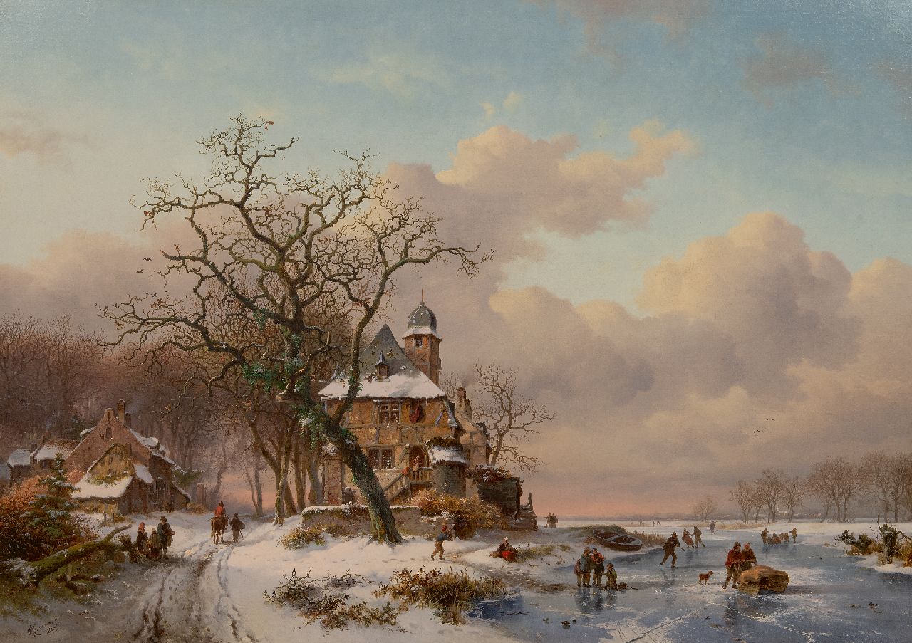 Kruseman F.M.  | Frederik Marinus Kruseman, Winterlandschap met een landhuis en schaatsvolk op een bevroren vaart, olieverf op doek 78,6 x 108,6 cm, gesigneerd linksonder en gedateerd 1861