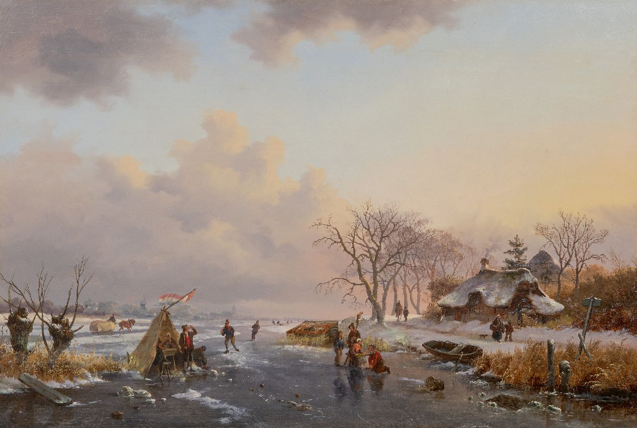 Kruseman F.M. | Frederik Marinus Kruseman | Schilderijen te koop aangeboden | Winterlandschap met schaatsers en een koek-en-zopietent, olieverf op paneel 52,2 x 77,2 cm, gesigneerd linksonder en te dateren ca. 1850 Kruseman F.M. | Frederik Marinus Kruseman | Schilderijen te koop aangeboden | Winterlandschap met schaatsers en een koek-en-zopietent, olieverf op paneel 52,2 x 77,2 cm, gesigneerd linksonder en te dateren ca. 1850