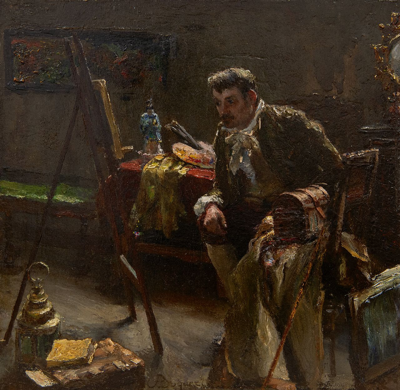 Bogaerts F.  | Felix Bogaerts, In het atelier, olieverf op paneel 25,9 x 26,3 cm, gesigneerd middenonder