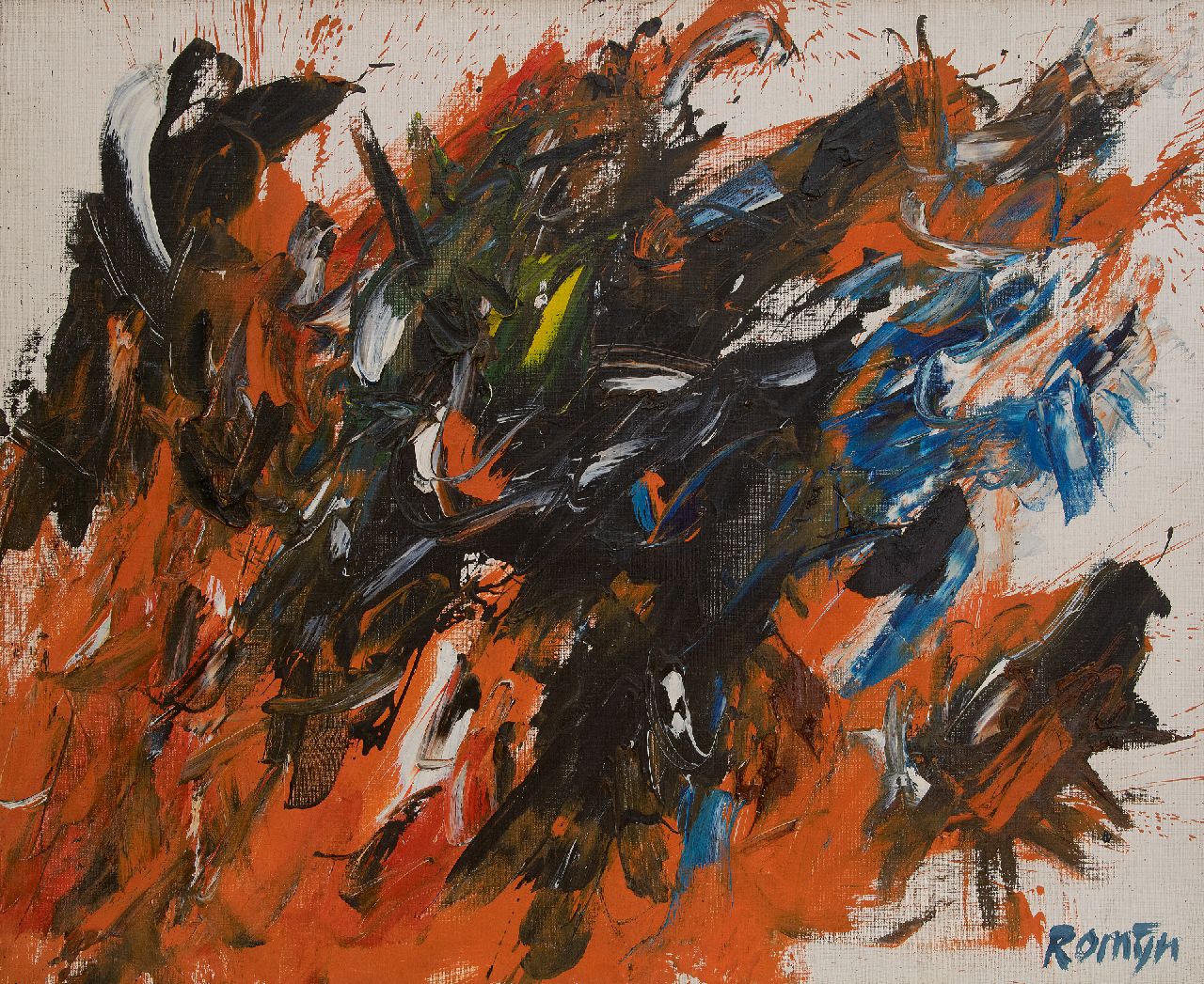 Romijn G.A.M. | Gustavus Adrianus Maria 'Gust' Romijn | Schilderijen te koop aangeboden | Het gevecht, olieverf op doek 90,3 x 110,4 cm, gesigneerd rechtsonder en verso en verso gedateerd 60 Romijn G.A.M. | Gustavus Adrianus Maria 'Gust' Romijn | Schilderijen te koop aangeboden | Het gevecht, olieverf op doek 90,3 x 110,4 cm, gesigneerd rechtsonder en verso en verso gedateerd 60