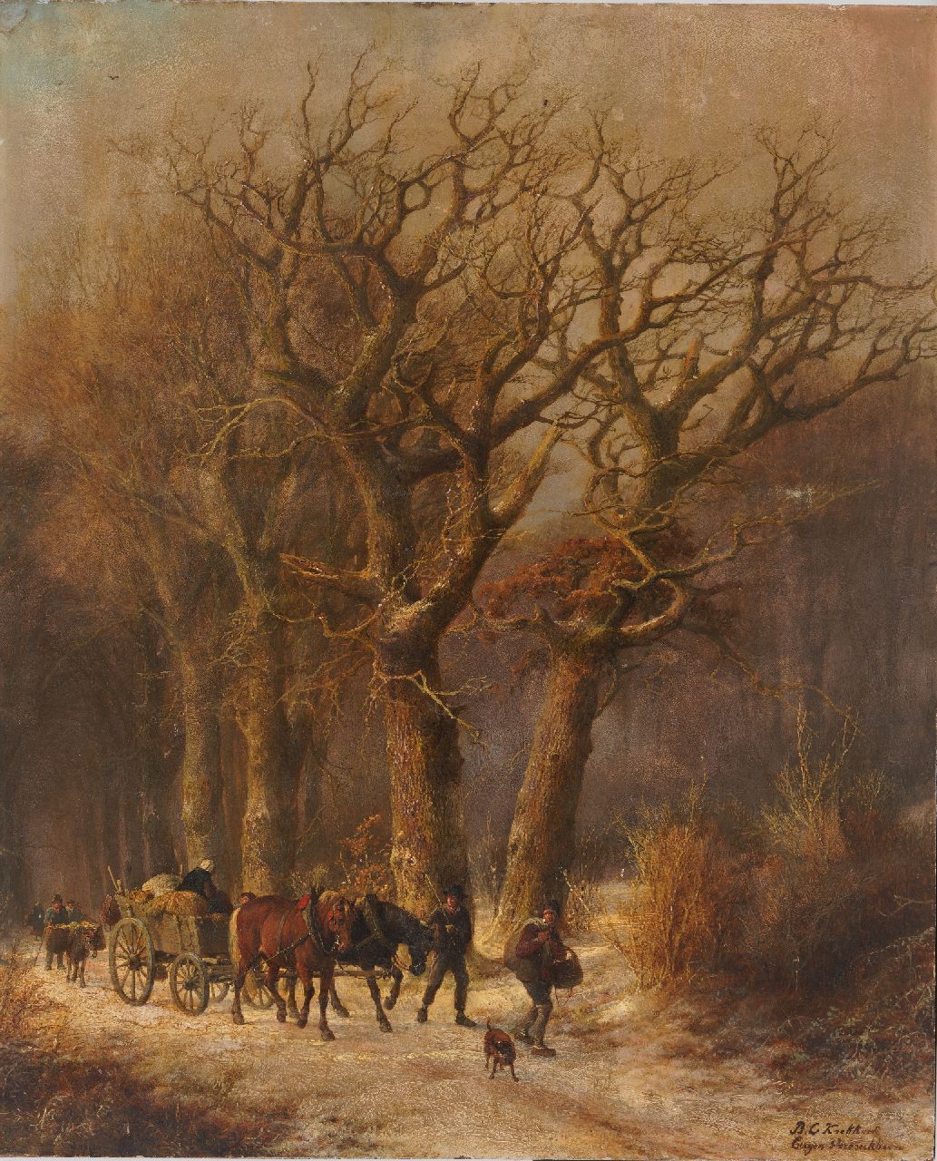 Klombeck/Verboeckhoven J.B./E.J. | Johann Bernard/Eugène Joseph Klombeck/Verboeckhoven | Schilderijen te koop aangeboden | Winters boslandschap met figuren en vee, olieverf op paneel 59,5 x 48,8 cm, gesigneerd rechtsonder met resten van signatuur Klombeck/Verboeckhoven J.B./E.J. | Johann Bernard/Eugène Joseph Klombeck/Verboeckhoven | Schilderijen te koop aangeboden | Winters boslandschap met figuren en vee, olieverf op paneel 59,5 x 48,8 cm, gesigneerd rechtsonder met resten van signatuur