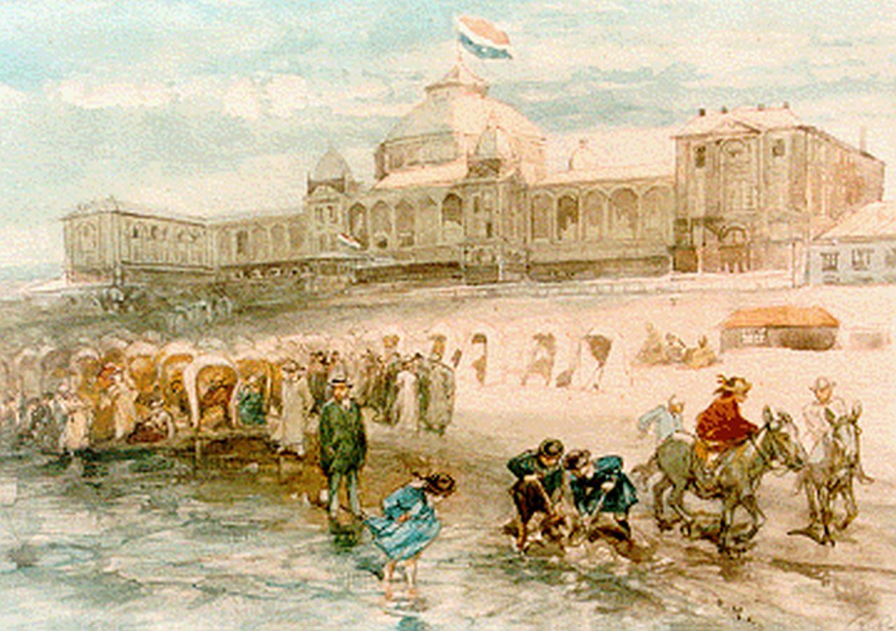 Rochussen Ch.  | Charles Rochussen, Gezicht op badstrand en Kurhaus, Scheveningen, aquarel op papier 16,0 x 23,0 cm, gesigneerd rechtsonder initialen