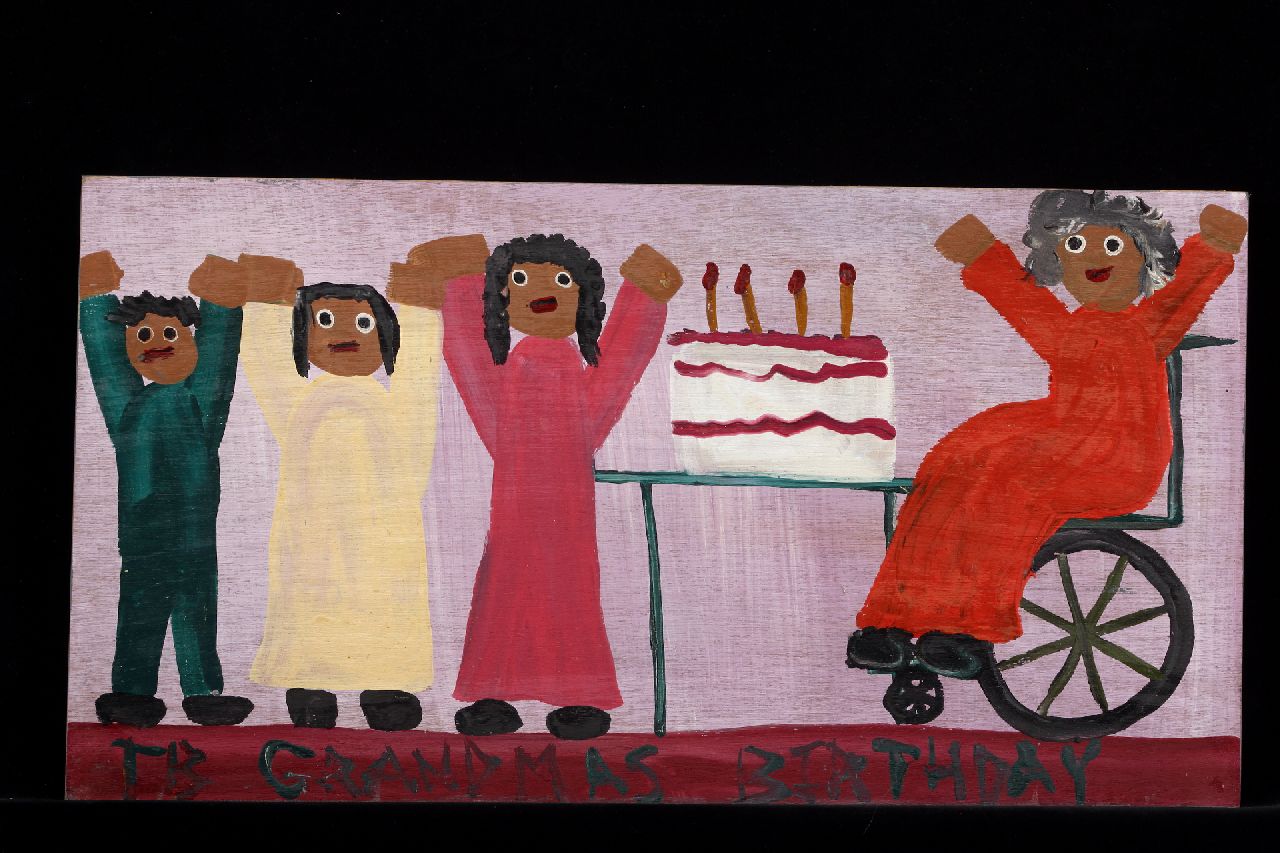Brown T. | Timothy 'Tim' Brown, Grandmas birthday, acryl op paneel 28,3 x 53,1 cm, gesigneerd linksonder met initialen en ca 1995 Brown T. | Timothy 'Tim' Brown, Grandmas birthday, acryl op paneel 28,3 x 53,1 cm, gesigneerd linksonder met initialen en ca 1995