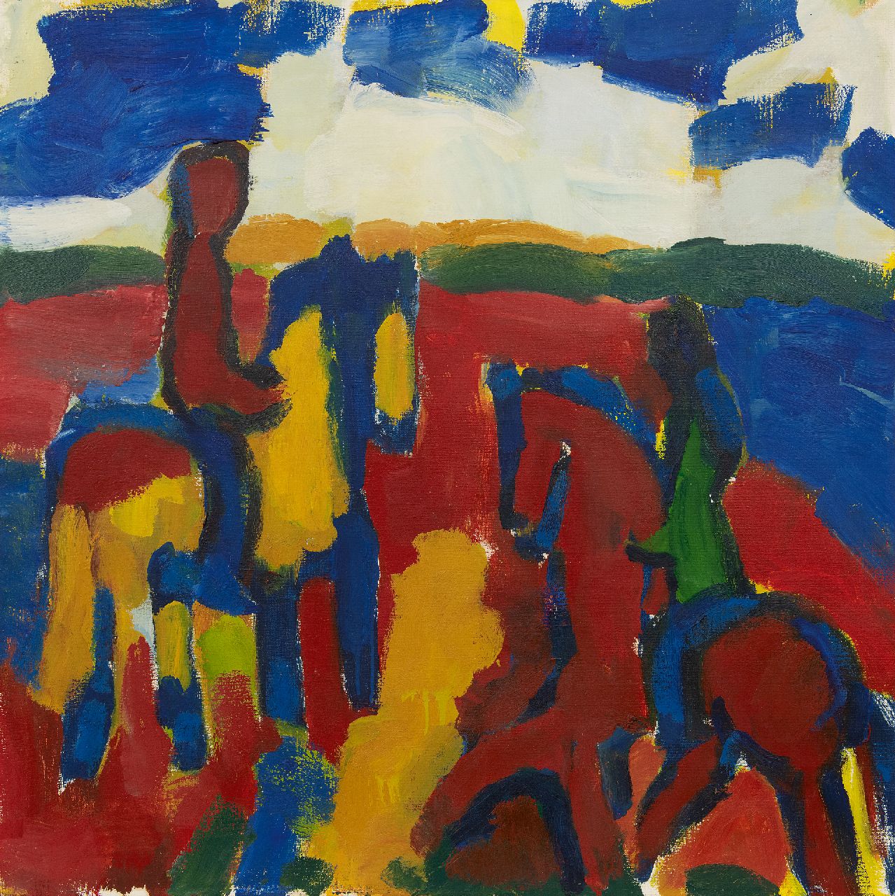 Benner G.  | Gerrit Benner | Schilderijen te koop aangeboden | Ruiters in een landschap, olieverf op doek 90,1 x 89,9 cm, gesigneerd verso en te dateren ca. 1977