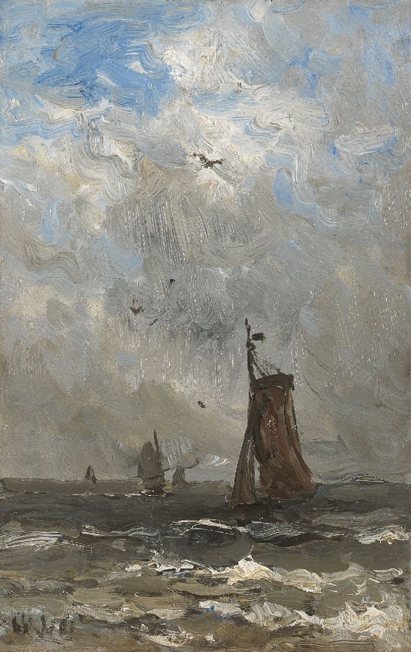 Mesdag H.W. | Hendrik Willem Mesdag, Bomschuiten op volle zee, olieverf op paneel 24,7 x 15,7 cm, gesigneerd linksonder met initialen Mesdag H.W. | Hendrik Willem Mesdag, Bomschuiten op volle zee, olieverf op paneel 24,7 x 15,7 cm, gesigneerd linksonder met initialen