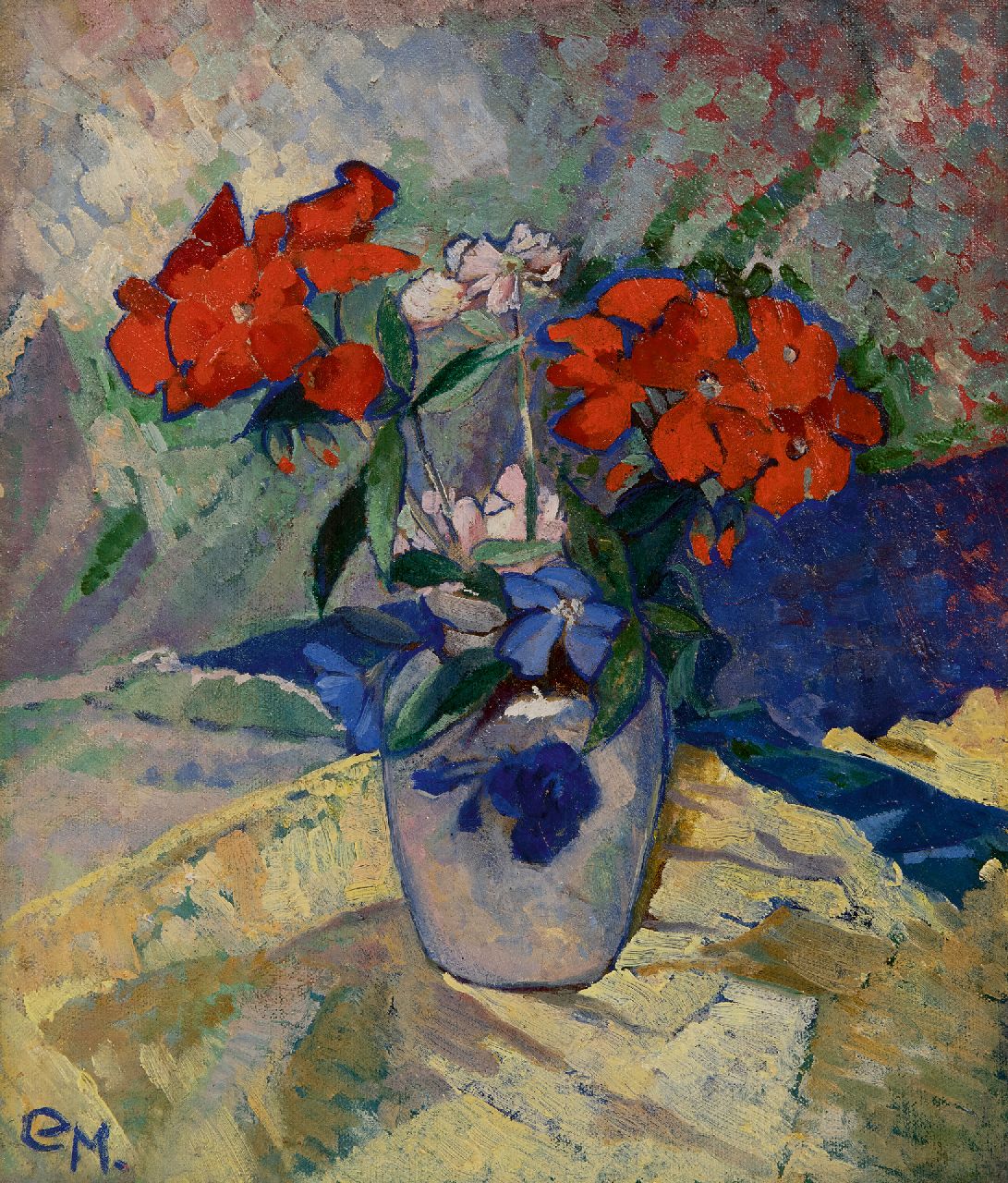 Machotka C.  | Carola Machotka | Schilderijen te koop aangeboden | Rode bloemen in een vaas, olieverf op doek 32,0 x 27,1 cm, gesigneerd linksonder met initialen en te dateren ca. 1925