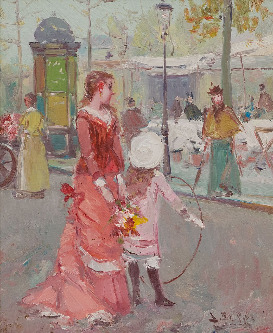 Soler J.  | Juan Soler, Moeder en kind op een Parijse boulevard, olieverf op doek op paneel 27,0 x 22,0 cm, gesigneerd rechtsonder