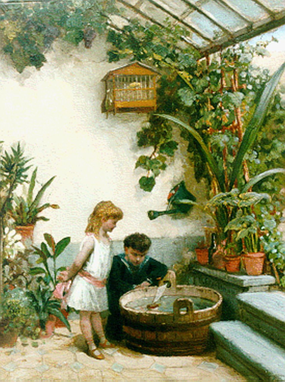 Eerelman O.  | Otto Eerelman, Kinderen spelend bij een tobbe, olieverf op paneel 40,0 x 30,6 cm, gesigneerd rechtsonder