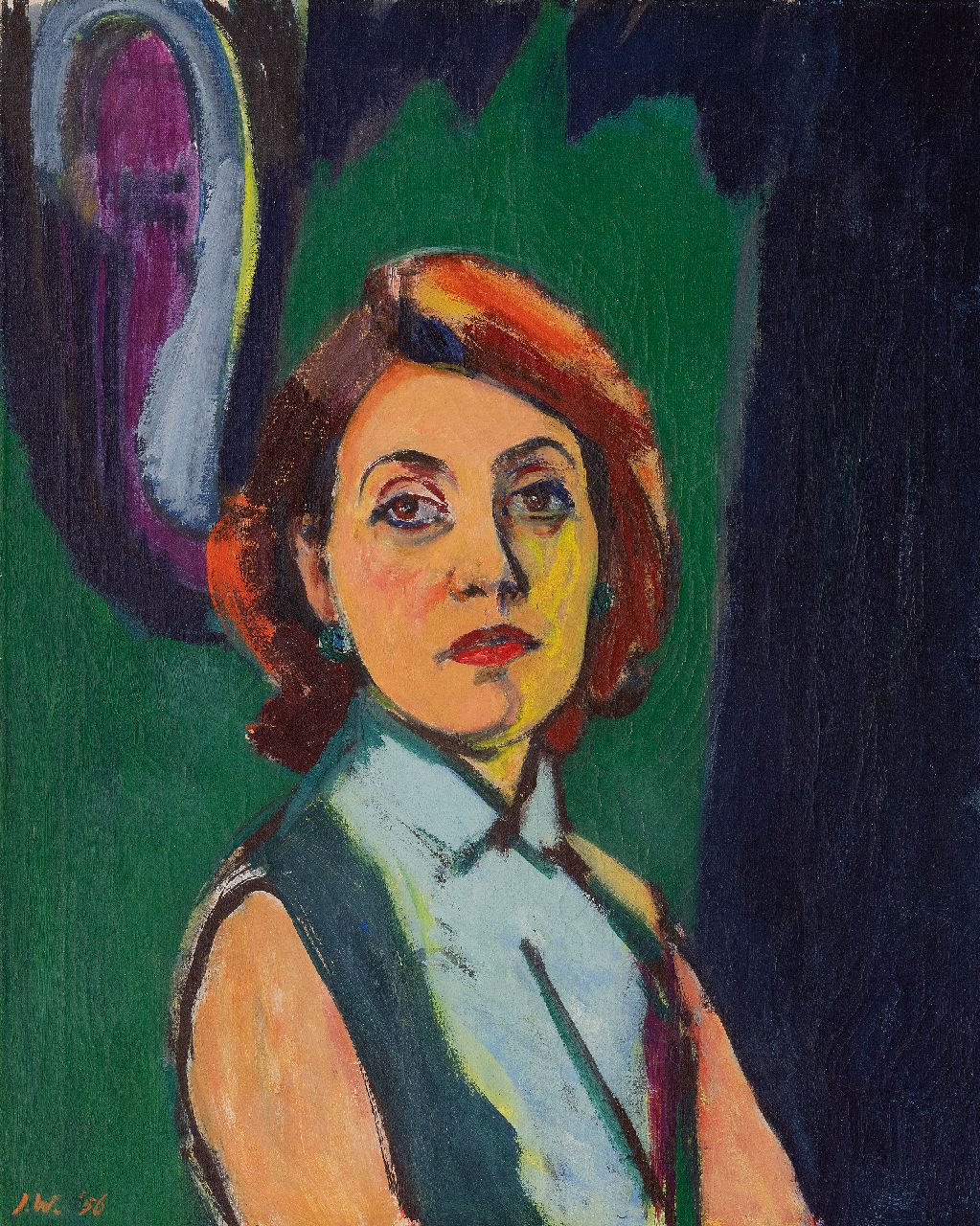 Wiegers J.  | Jan Wiegers | Schilderijen te koop aangeboden | Portret van mevrouw Raedecker, wasverf op doek 73,1 x 60,4 cm, gesigneerd linksonder met initialen en gedateerd '56